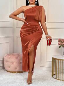 BIUBIU Plus Size Women's Sexy Red Bow Shoulder Ruched High Slit Satin Solid Color Dress, Suitable For Party, Wedding, Anniversary And Other Occasions Elegant Summer - Rust Brown - View 4