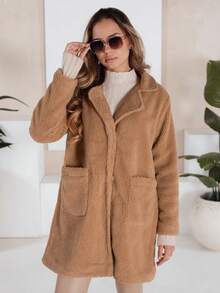 Women's Faux Fur Winter Coat With A Classic Collar And Practical Pockets. Elegant Oversized Teddy Bear Coat That Hits Mid-Thigh. Stylish Coat For Cold Weather. Soft Outer Shell With Polyester Lining. - Camel - View 1