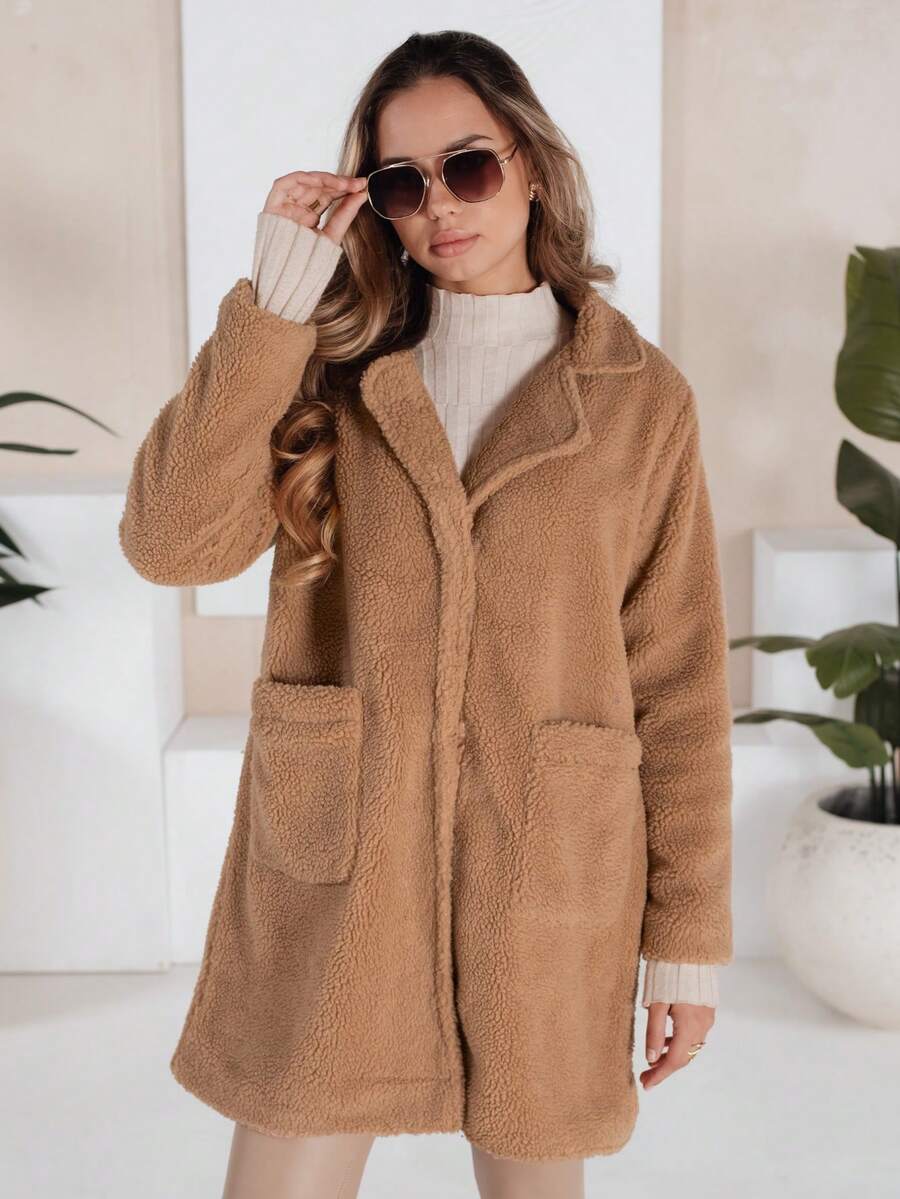 Women's Faux Fur Winter Coat With A Classic Collar And Practical Pockets. Elegant Oversized Teddy Bear Coat That Hits Mid-Thigh. Stylish Coat For Cold Weather. Soft Outer Shell With Polyester Lining. - Camel - View 1