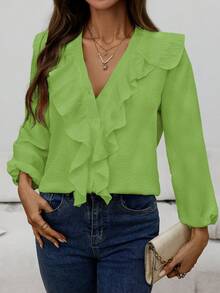 Blusa de manga larga con cuello en V y volantes elegante y casual para mujer, primavera/otoño - Verde - Ver 3