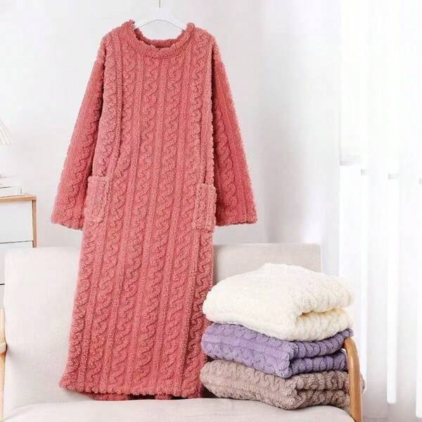 Bata de baño de felpa coral de manga larga y capucha oversize para mujer, de punto trenzado, extra larga y gruesa, suelta y suave, con bolsillos, bata de dormir acogedora que se puede usar al aire libre, decoración de invierno cálida