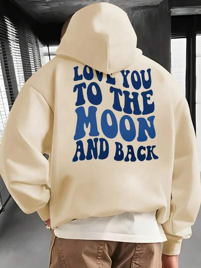 男士休闲时尚百搭标语印花袋鼠口袋抽绳连帽衫，秋冬款