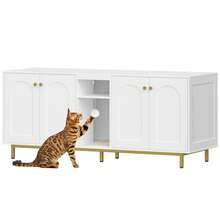 HaluPeit Cat Cabinet For 2 Cats, Litter Box Cabinet, Hidden Cat House With Double Rooms, With Storage Space, Plush Balls, Can Be Used As A TV Cabinet, 140 X 48 X 62 Cm, White And Gold - 白色 - 查看 9