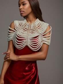 1pc Elegant Bohemian Personalized Exaggerated Clothing Accessories Hand-Woven Pearl Body Chain Shawl, Body Jewelry, Scarf Necklace, Beaded Top, Suitable For Women To Wear At Daily Parties And Vacations, Perfect Jewelry Gift, Birthday Outfits For Women, Body Chain Plus Size - Beige - View 9