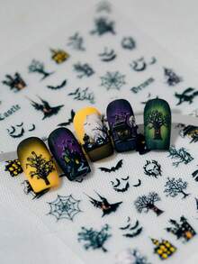 A Halloween Day Of The Dead Nail Sticker With Relief Hand Drawn Design, Dark Gothic Style, Featuring Dark Style Patterns Such As Bats, Spider Webs, Castles, Etc., Suitable For Personal DIY And Nail Salon Use