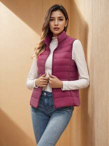 Chaleco corto de plumón ligero con cuello alto para mujer ZIAI, varios colores, casual para exteriores en otoño/invierno - Burdeos - Ver 4