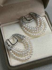 2 peças brincos de luxo franceses com microzircônia incrustada em cobre, multicamadas, pérolas, fivela em ferradura e borla, minimalistas e versáteis, adequados para mulheres usarem em feriados, eventos e ocasiões especiais - Prata - Ver 2