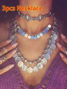 1 件复古硬币和流苏吊坠项链，波西米亚海滩风格，适合女性日常佩戴 - 銀色 - 查看 13