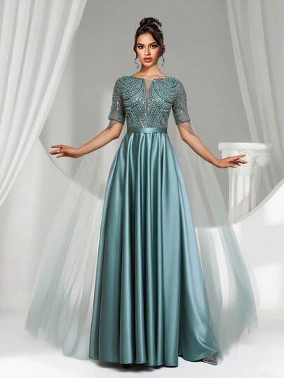 Luxury Elegant Deep V Neck Contrast Sequined Beads Dress Formal Dresses For Women Prom Dress Evening Gown Wedding Guest Dress Embroidery Beads Dresses, Dinner, Wedding, Cocktail Party, Back To School, Graduation,Valentine's Day,New Year Party, Easter, Holiday, Summer Women Outfit, Formal Dress