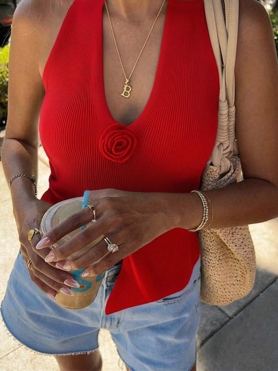 Knit Mix Women's Sleeveless Halter Knit Top Sexy V-Neck Slim Fit Casual Beach Vacation Spring Summer Valentine's Day - Red - View 1