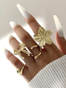 4 件金属超大花朵合金戒指套装，不对称蝴蝶结设计，复古法式风格，适合女性日常佩戴、婚礼、派对、海滩