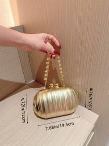 1 件闪亮褶皱迷你蛋形手拿包，优雅的金属双珍珠纽扣设计，适合派对女孩、新娘、大学生、年轻专业人士、派对、庆典、婚礼，配有金属链 - 金色 - 查看 7