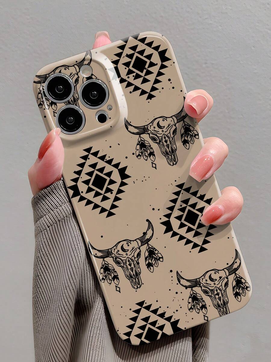 1 pieza Funda dura de teléfono con elemento geométrico bohemio occidental de vaquero perforado y filamento brillante, compatible con Samsung/ 11/12/13/14/15/16 Pro Max