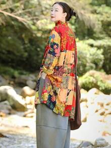 LUZU JUNU Women's Trench Coat Floral Print Long Cotton Linen Jacke Cottagecore Clothing Patchwork Outwear Bohemian Unique - 黃夾克 - 查看 6