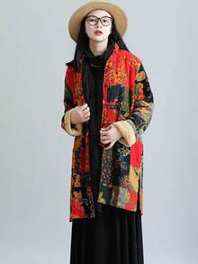 LUZU JUNU Women's Trench Coat Floral Print Long Cotton Linen Jacke Cottagecore Clothing Patchwork Outwear Bohemian Unique - 黃色夾克毛絨襯裡 - 查看 2