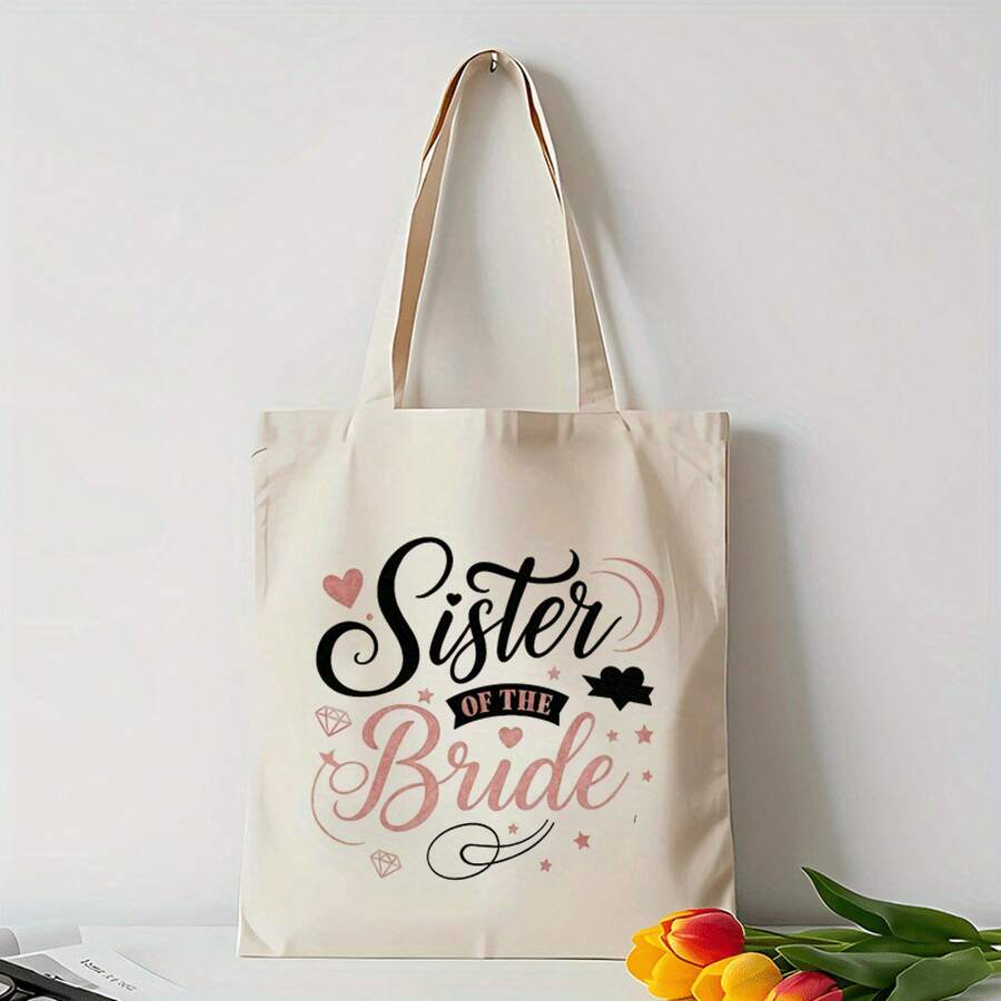 Bride Sister Tote Bag - Elegant Black Font & Pink Heart Design With "Sister Of The Bride" Text - Reusable Polyester Canvas Bag For Bridesmaids, Brides, Bridal Showers, Mother'S Day, Graduation - Perfect Keepsake For Women & Girls, Bridesmaid Gift, Sturdy Handle Design - trắng - Xem 1