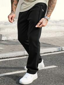 休闲纯色长裤，男士健身运动服，可调节抽绳腰带，适合所有季节，是健身、运动、户外活动的理想礼物 - 黑色 - 查看 2