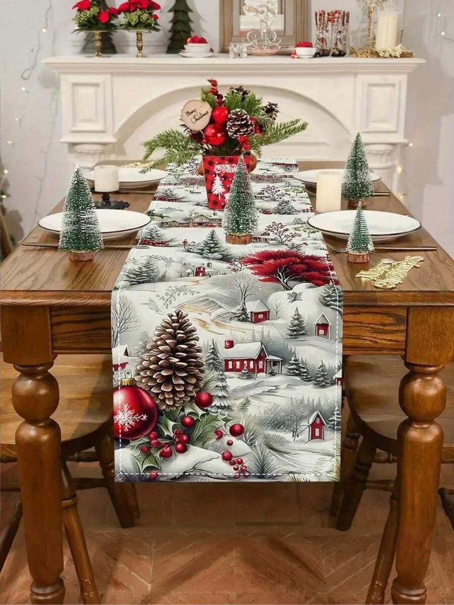 1pc, Christmas Themed Tablecloth,Polyester Christmas Decoration, Holiday Party Home Kitchen Dining Room Decoration, Elf Winter Christmas Tablecloth - Multicolor - View 1