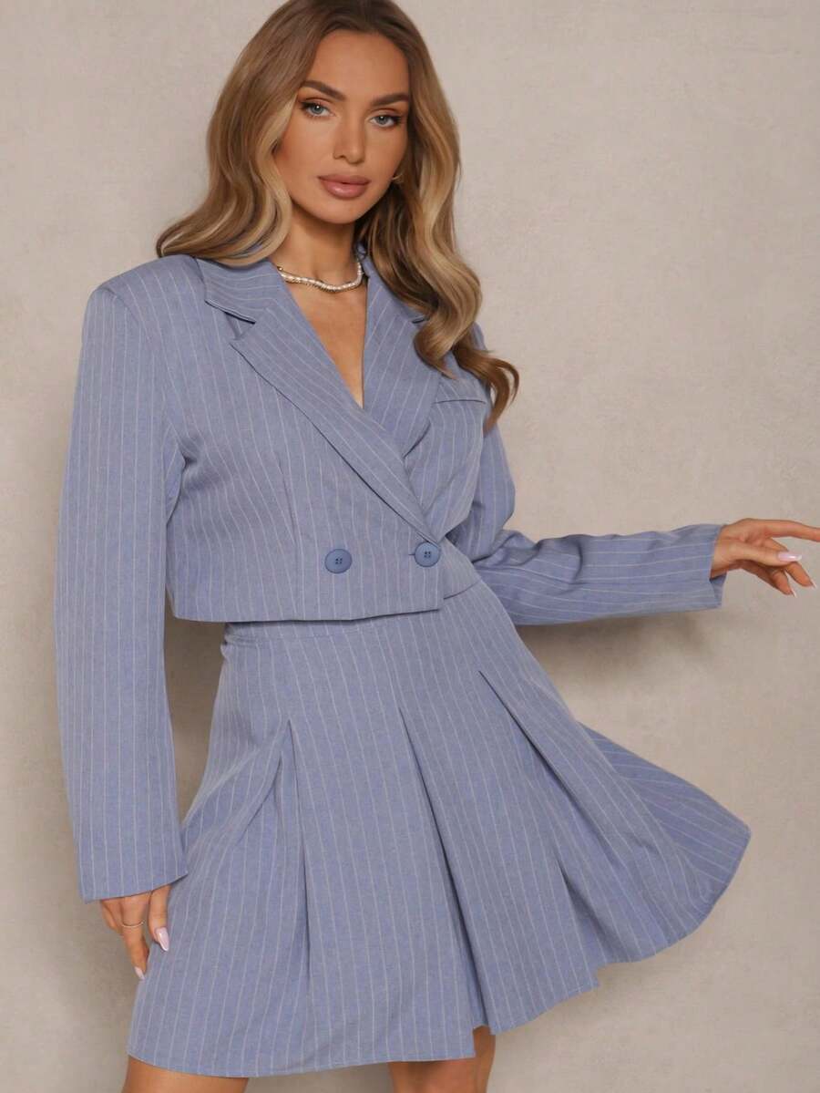 Veste courte croisée avec rayures délicates - Bleu azur - Voir 1