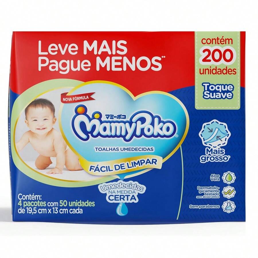 Toalha Umedecidos MamyPoko Toque Suave 4 pcts 50un Cada - Total 200 Unidades - Amarelo - Visão 1