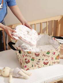 1pc Christmas Santa Claus & Christmas Tree Print Storage Basket, Open-Top Storage Box With Handle, Multi-Purpose Storage Basket For Daily Organizing, Home, Clothing, Socks, Suitable For Living Room, Bedroom, Room Organization - Multicolor - View 6