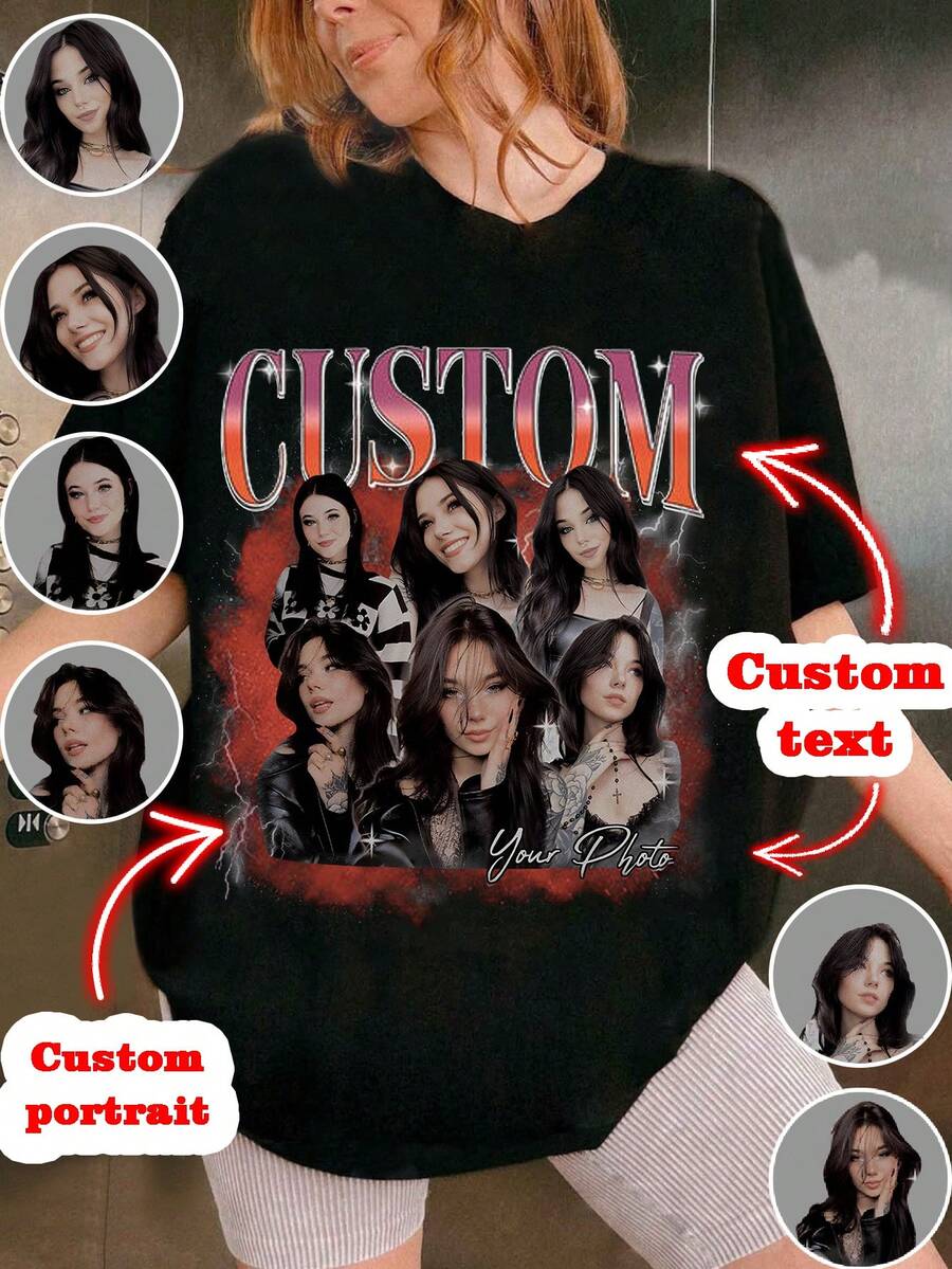 Custom Bootleg Rap & Personalized Photo T-Shirt. 90s Vintage Casual Top, Perfect Gift For Weddings, Parties And Birthdays - Black - View 1