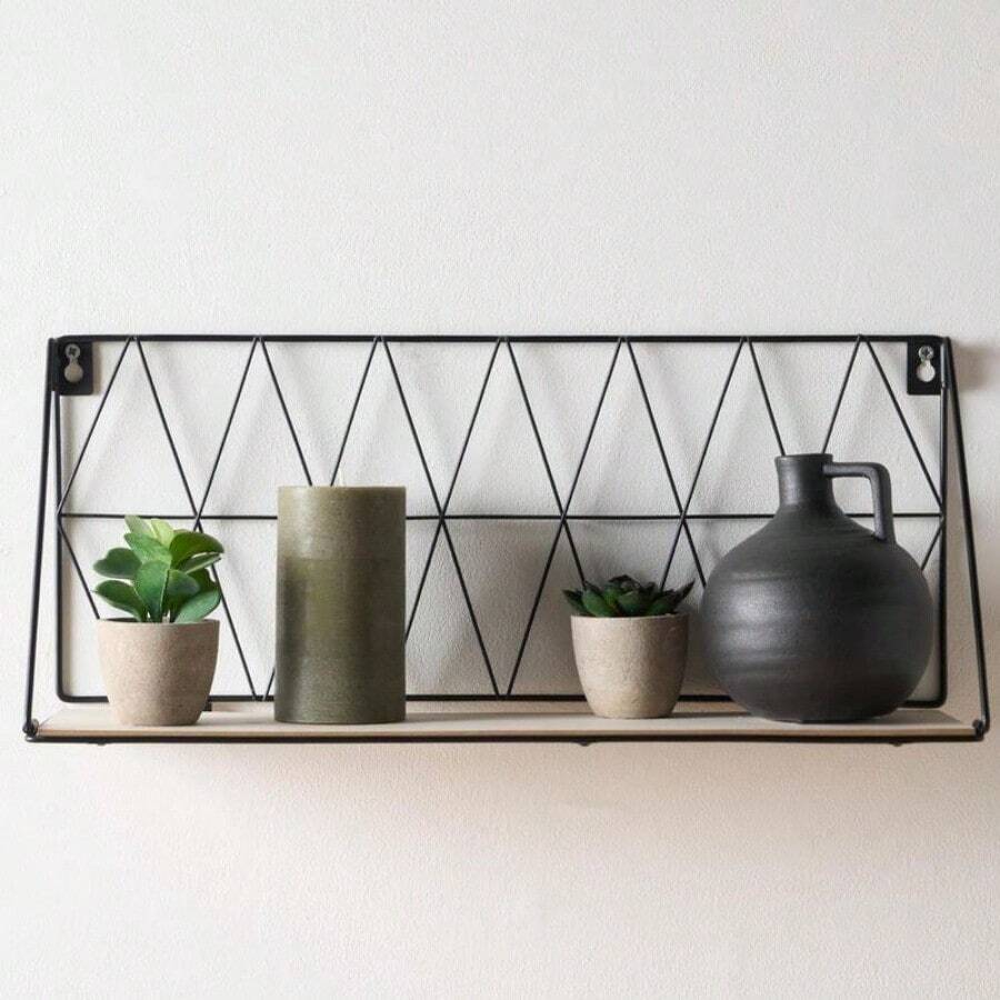 OHS Geometric Wire Hanging Wooden Wall Mounted Display Storage Organiser Shelf - Black - View 1