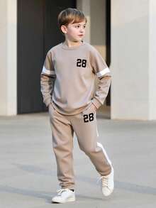 2pcs/Set Tween Boy Spring/Autumn Printed Sweatshirt & Pants Casual Outfit