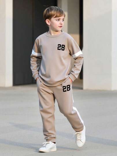 2pcs/Set Tween Boy Spring/Autumn Printed Sweatshirt & Pants Casual Outfit