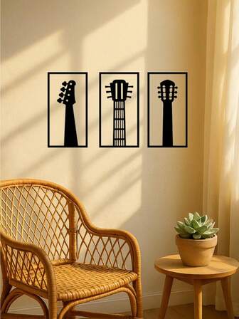 Hello Young 三件套吉他金属墙饰——现代装饰品，完美适用于卧室、客厅或浴室。采用防水、防锈、防褪色工艺，并饰以复古风格的烤漆。经久耐用，易于安装，是家居装饰爱好者的理想礼物，适合现代家居装饰风格。
