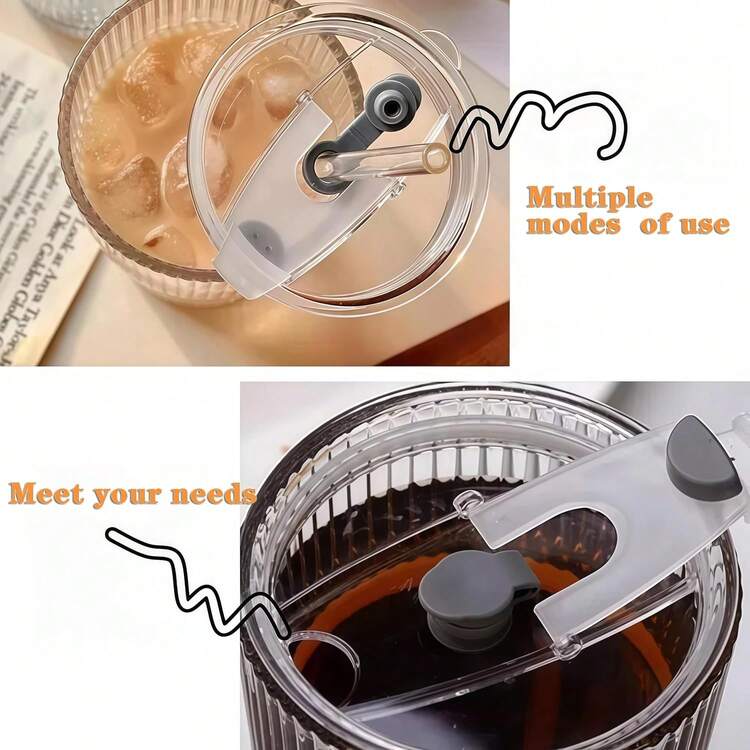 Two 20oz Glass Beverage Cups, Glass Cups With Straws And LIDS, Covered Iced Coffee Cups, Beverage Glass Cups, Office, Home And Striped Glass Cups, Glass Coffee Cups, Iced Coffee Cups, Beverage Cups - 2 bộ - Xem 7