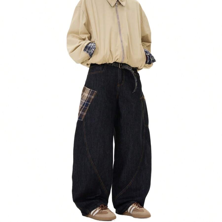 2025 Patchwork Denim Pants | Curved Hem Design Men's Trousers | Plaid Pattern Relaxed Fit
