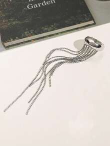 1pc Fashionable Elegant Long Tassel Stainless Steel Ear Cuff Earrings, 18K Gold Plated, Suitable For All Occasions, Party, Daily Commute, Gift Choice - Silver - View 4