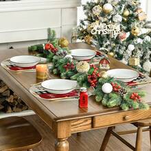 1 buc/4 buc/6 buc/60 buc Covorașe rotunde cu motive florale de Crăciun, frunze verzi și fructe de pădure roșii, covorașe din in de Crăciun, covorașe rezistente la pete, potrivite pentru casă, sufragerie și restaurant, decor de masă, articole pentru casă