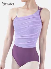 DonsGirl 1 Piece Women's Ballet Dance Leotard - Asymmetric Single Shoulder With Sexy Shoulder Strips Design, Elastic Mesh Patchwork, Gymnastics /Dance Performance Outfit - 紫色 - 查看 2