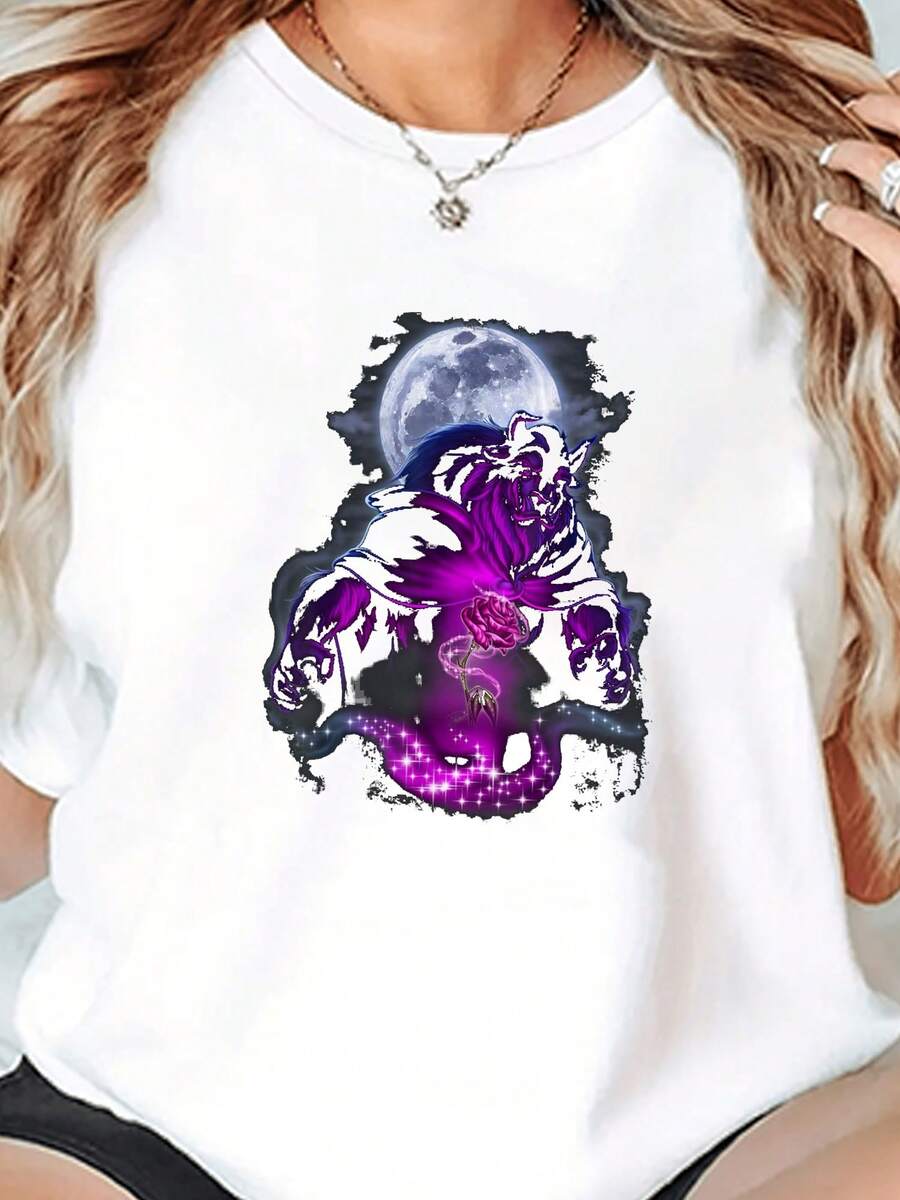 Beauty-&-The-Beast-Moon-Rose-Airbrush-Art-T-Shirt-T-Shirt - trắng - Xem 1