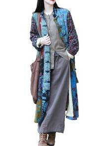 LUZU JUNU Women's Trench Coat Floral Print Long Cotton Linen Jacke Cottagecore Clothing Patchwork Outwear Bohemian Unique - 藍色毛絨襯裡 - 查看 1