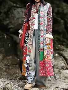 LUZU JUNU Women's Trench Coat Floral Print Long Cotton Linen Jacke Cottagecore Clothing Patchwork Outwear Bohemian Unique - 復古灰色毛絨襯裡 - 查看 7