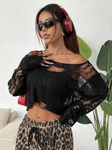 Plus Size Women Solid Color Hollow Out Cropped Round Neck Sweater, Suitable For Halloween, Autumn - Black - View 3