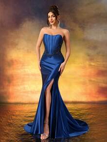 Women's Elegant Lace One Shoulder Cocktail Dress,Luxury Shiny Diamonds Prom Gown,Sparkling Dress,For Party,Wedding Guest,Dinner Party - Navy Blue - View 6