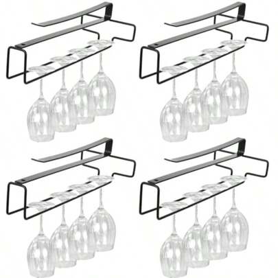 4 Pcs Wine Glass Holder Stemware Rack Hanger Under Cabinet Wine Glass Rack Kitchen Hanging Glass Storage Rack Organizer Black