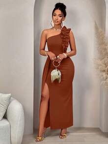 AIJ Đầm nữ màu trơn dáng suông vai lệch, xếp ly, không tay, xẻ tà, màu trơn, thiết kế thanh lịch, thích hợp cho các bữa tiệc, hẹn hò, tiệc độc thân, tiệc tối trang trọng hoặc các sự kiện lớn, ngày Valentine và các dịp khác. - màu nâu - Xem 3