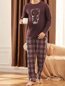 Herbst- und Winterpyjamas für Herren mit rundem Ausschnitt, Bärenmuster-Muster, Langarm-Oberteil & karierter Muster-Hose, lässiger, einfacher Zweiteiler-Hausanzug