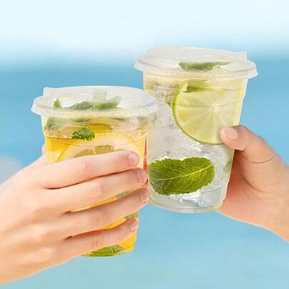 16オンス 使い捨てプラスチックカップ 20/40/80個入り、蓋付き、丈夫なアイスコーヒーカップ ストロー付き、スムージーカップ 冷たい飲み物、ジュース、ミルクセーキ用