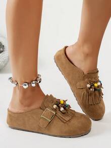 秋冬新款女士厚底鞋，牛津鞋款式，坡跟厚底，休闲套脚鞋，包头设计，流苏串珠装饰，舒适百搭，适合户外旅行、休闲场合及室内穿着，时尚鞋履 - 棕色 - 查看 5