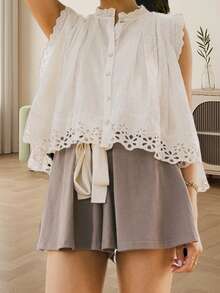 Women's Summer Button Down Blouses Casual Stylish Solid Eyelets Trim Loose Fit Sleeveless Tops - trắng - Xem 6