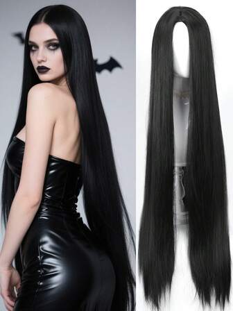 40 Zoll schwarze gerade Haare Perücke, elastische Kappe, hitzebeständige Faser, vielseitiger Mittelscheitel, Basic für Alltag, Date, Halloween, Weihnachten Cosplay Verwendung