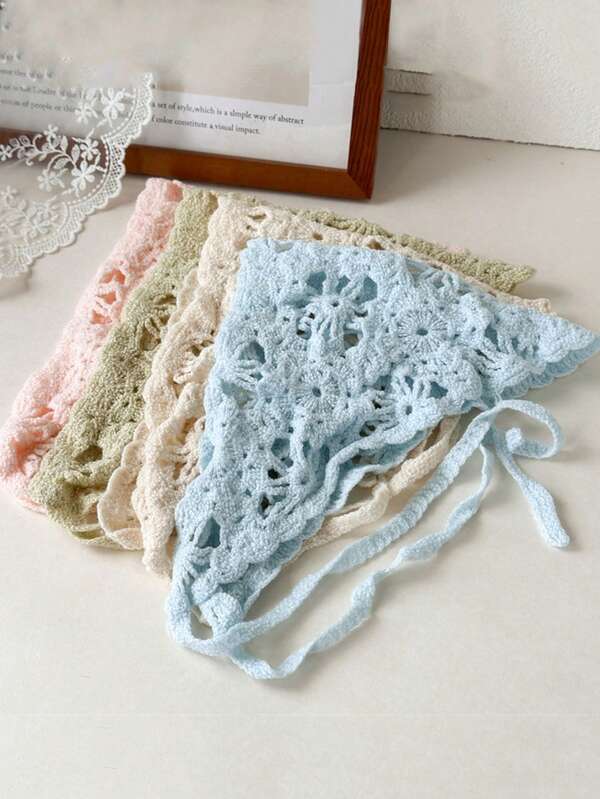 1 pieza Pañuelo triangular de flores de punto hueco, accesorio de cabello estilo campestre elegante para niñas, diadema cálida para mujeres, bandanas