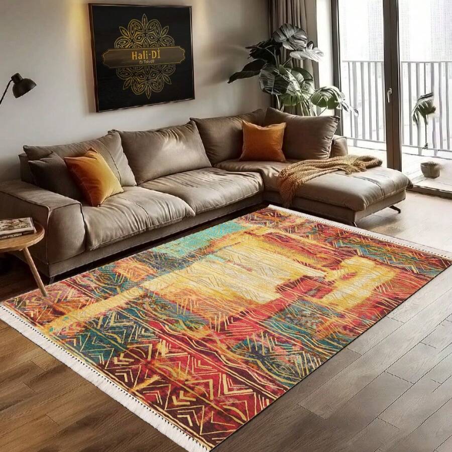 Dywan z nadrukiem cyfrowym, antypoślizgowym spodem w kropki i piankową wyściółką o grubości 3 mm. Wykonany w 100% z wytrzymałej tkaniny poliestrowej z eleganckimi frędzlami. Dostępny w wielu rozmiarach. Idealny do salonów, sypialni, korytarzy i biur. Wyprodukowano w Turcji. - Czerwony - Zobacz 1