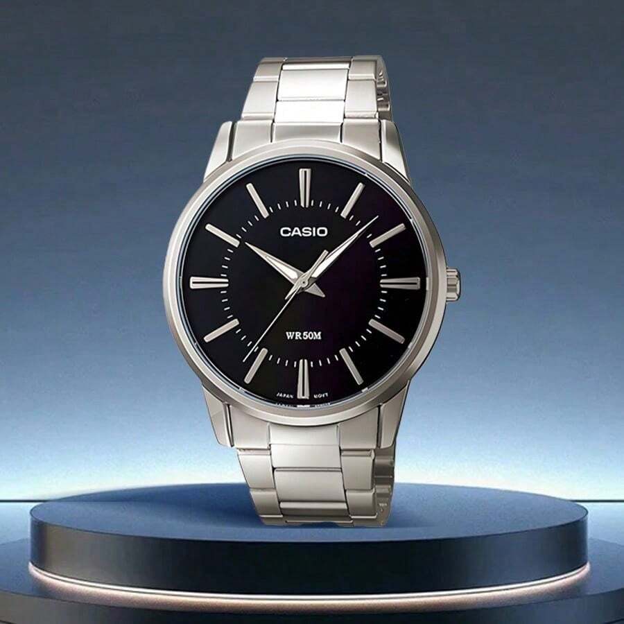 Casio 卡西欧男士商务石英表，不锈钢表带，黑色表盘，银色表链，优雅商务，精美腕表，送给他的礼物，男友/父亲，日常佩戴，生日、周年纪念日、情人节礼物 MTP-1303D-1A - 黑色 - 查看 1